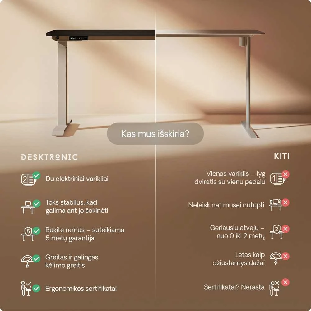 Elektrinis reguliuojamo aukščio stalas Desktronic HomeOne Pilkas/Juodas, 160x80cm, Dvigubas motoras, USB ir USB-C įkrovimo lizdai