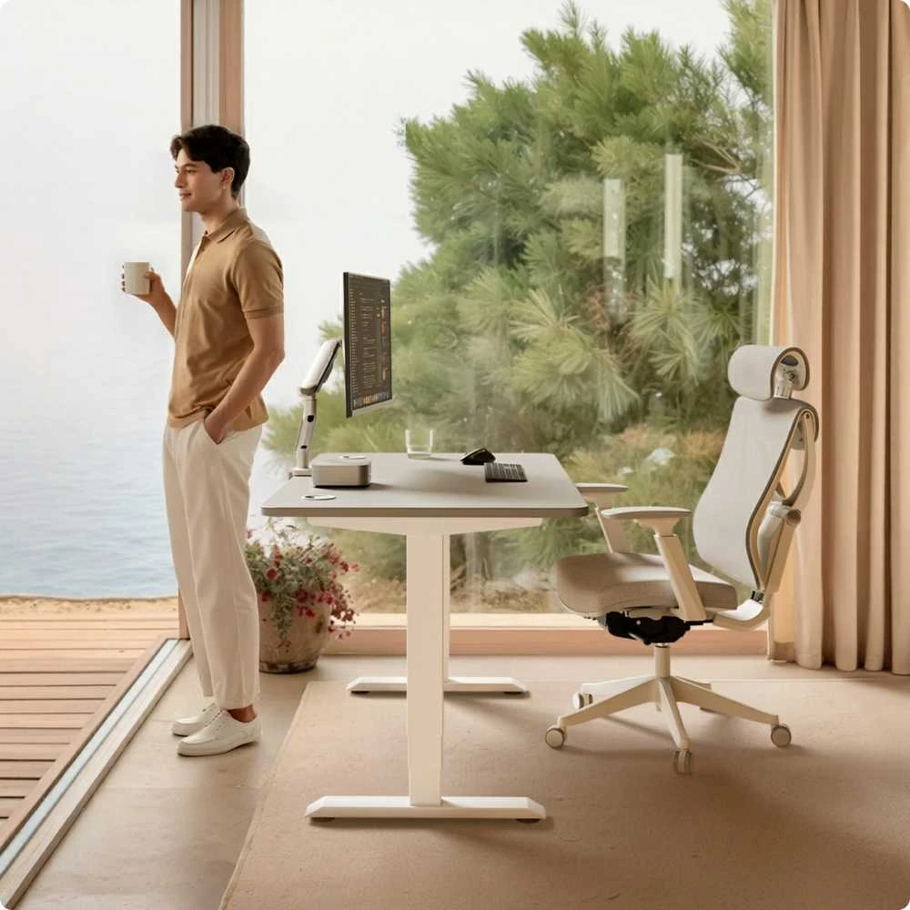 Elektrinis reguliuojamo aukščio stalas Desktronic HomePro Baltas/Pilkas, 200x80cm, Dvigubas motoras, USB ir USB-C įkrovimo lizdai