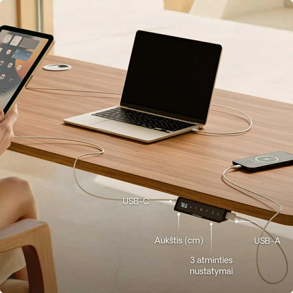 Elektrinis reguliuojamo aukščio stalas Desktronic HomePro Baltas/Riešutmedis, 120x60cm, Dvigubas motoras, USB ir USB-C įkrovimo lizdai