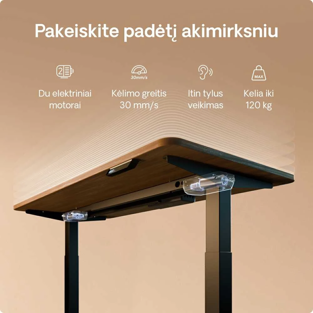 Elektrinis reguliuojamo aukščio stalas Desktronic HomeOne Juodas/Riešutmedis, 120x60cm, Dvigubas motoras, USB ir USB-C įkrovimo lizdai