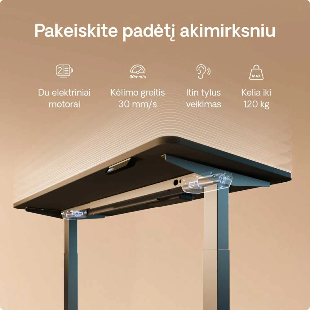 Elektrinis reguliuojamo aukščio stalas Desktronic HomeOne Pilkas/Juodas, 160x80cm, Dvigubas motoras, USB ir USB-C įkrovimo lizdai