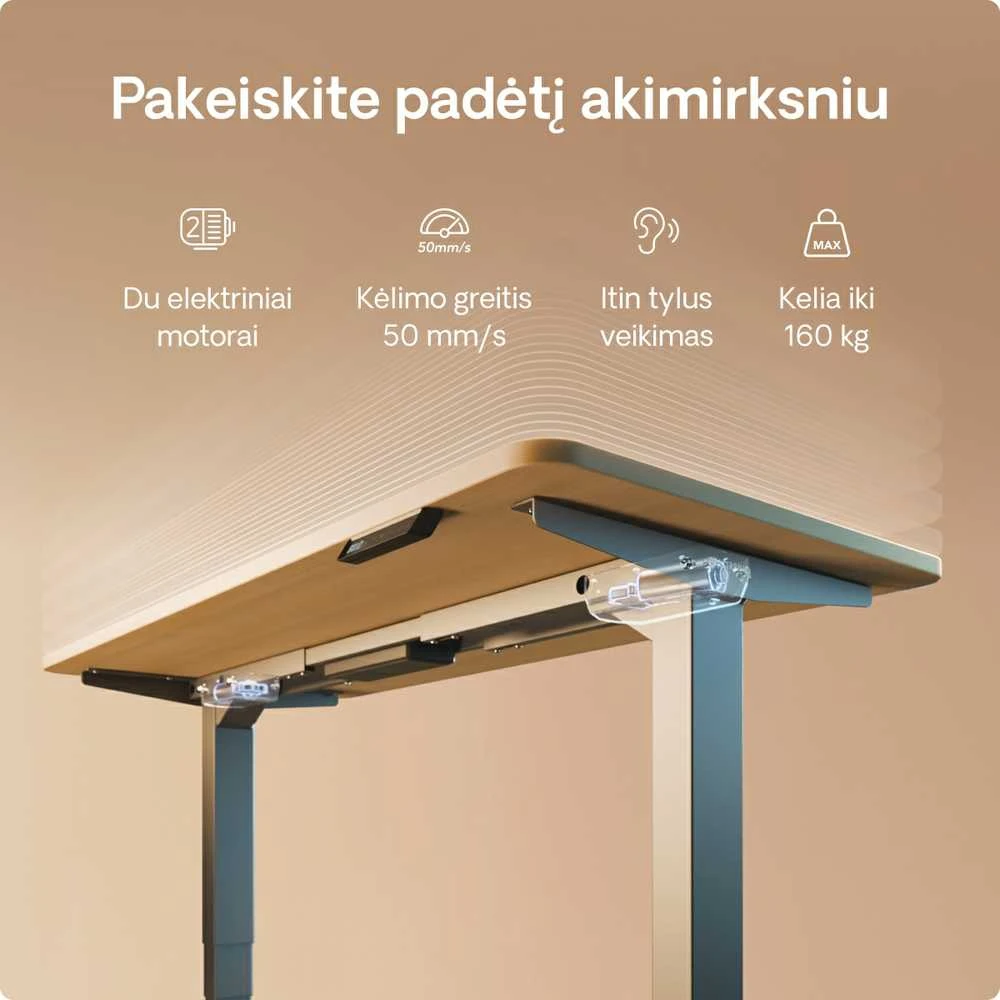 Elektrinis reguliuojamo aukščio stalas Desktronic HomePro Pilkas/Ąžuolas, 140x70cm, Dvigubas motoras, USB ir USB-C įkrovimo lizdai