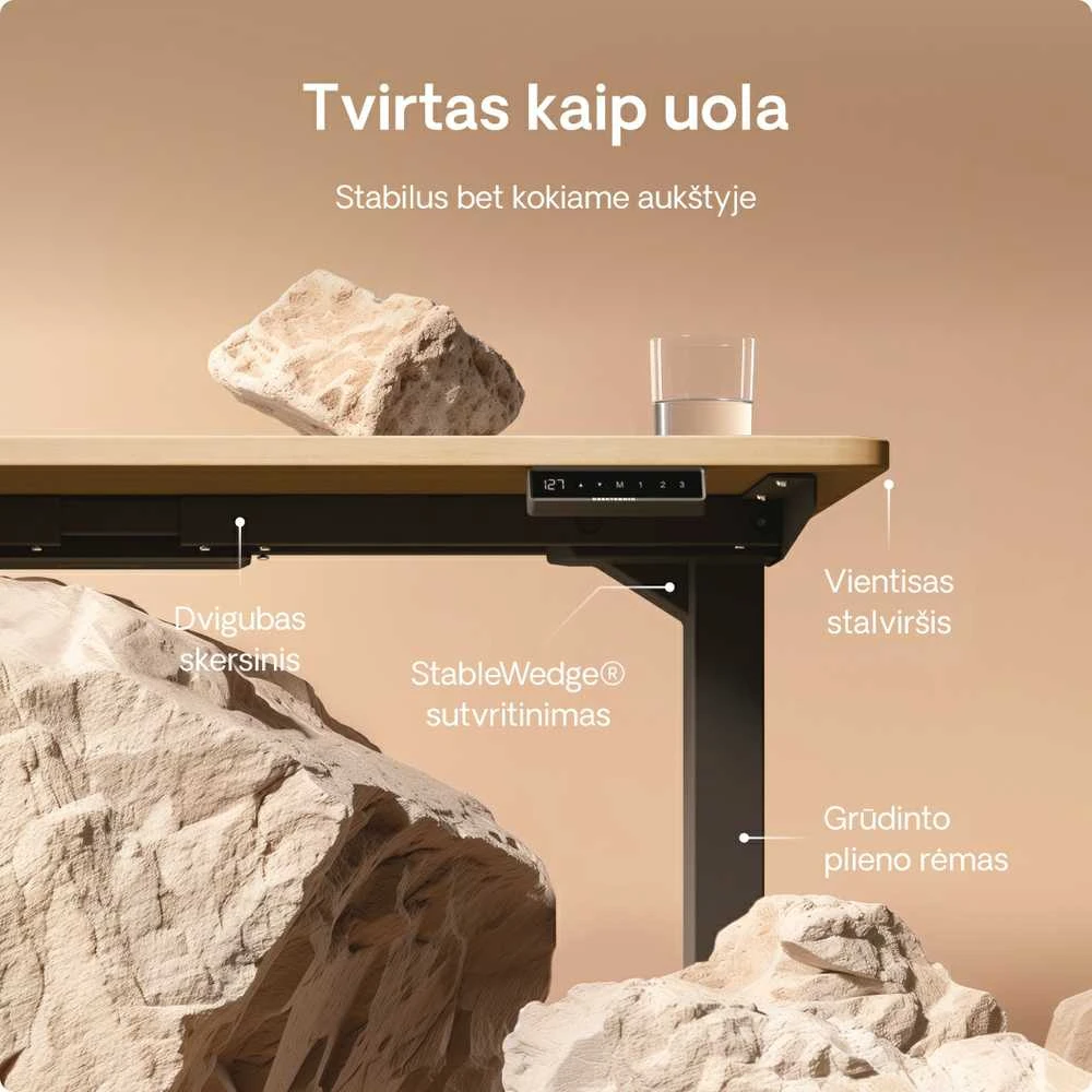 Elektrinis reguliuojamo aukščio stalas Desktronic HomePro Juodas/Ąžuolas, 200x80cm, Dvigubas motoras, USB ir USB-C įkrovimo lizdai