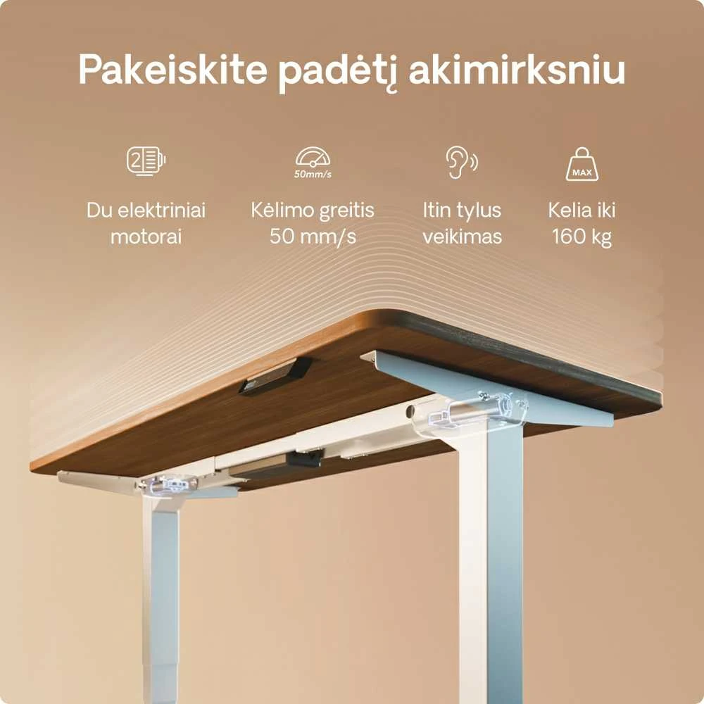 Elektrinis reguliuojamo aukščio stalas Desktronic HomePro Baltas/Riešutmedis, 120x60cm, Dvigubas motoras, USB ir USB-C įkrovimo lizdai