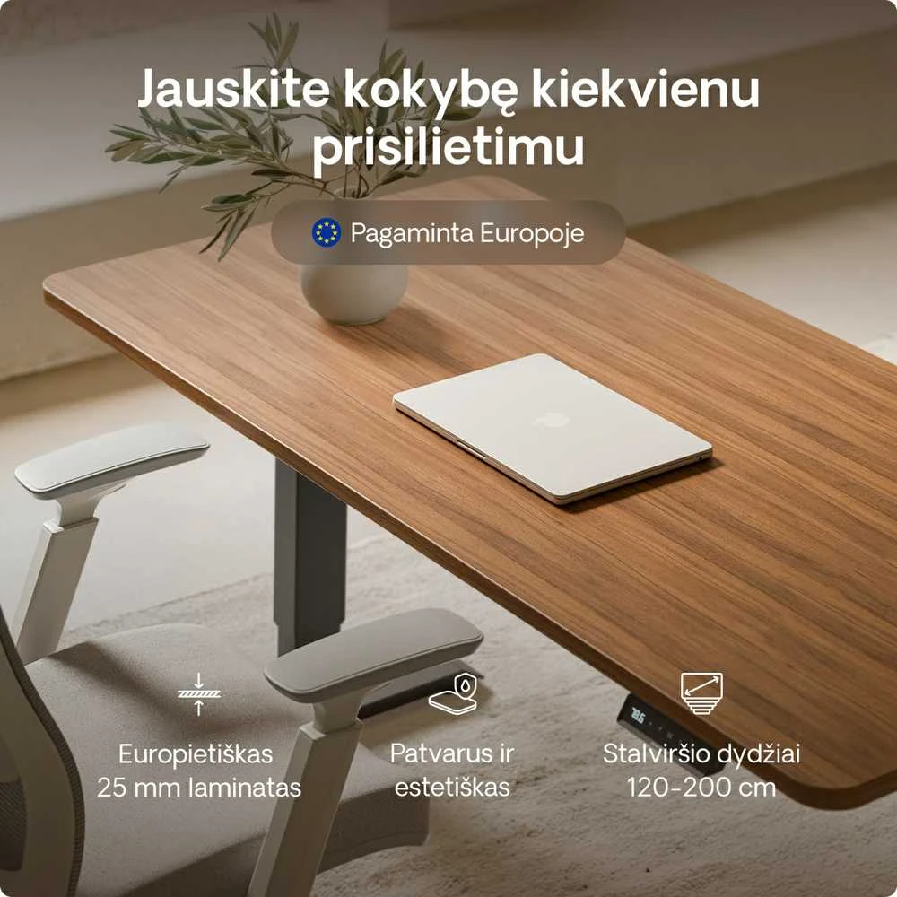 Elektrinis reguliuojamo aukščio stalas Desktronic HomePro Juodas/Riešutmedis, 160x80cm, Dvigubas motoras, USB ir USB-C įkrovimo lizdai