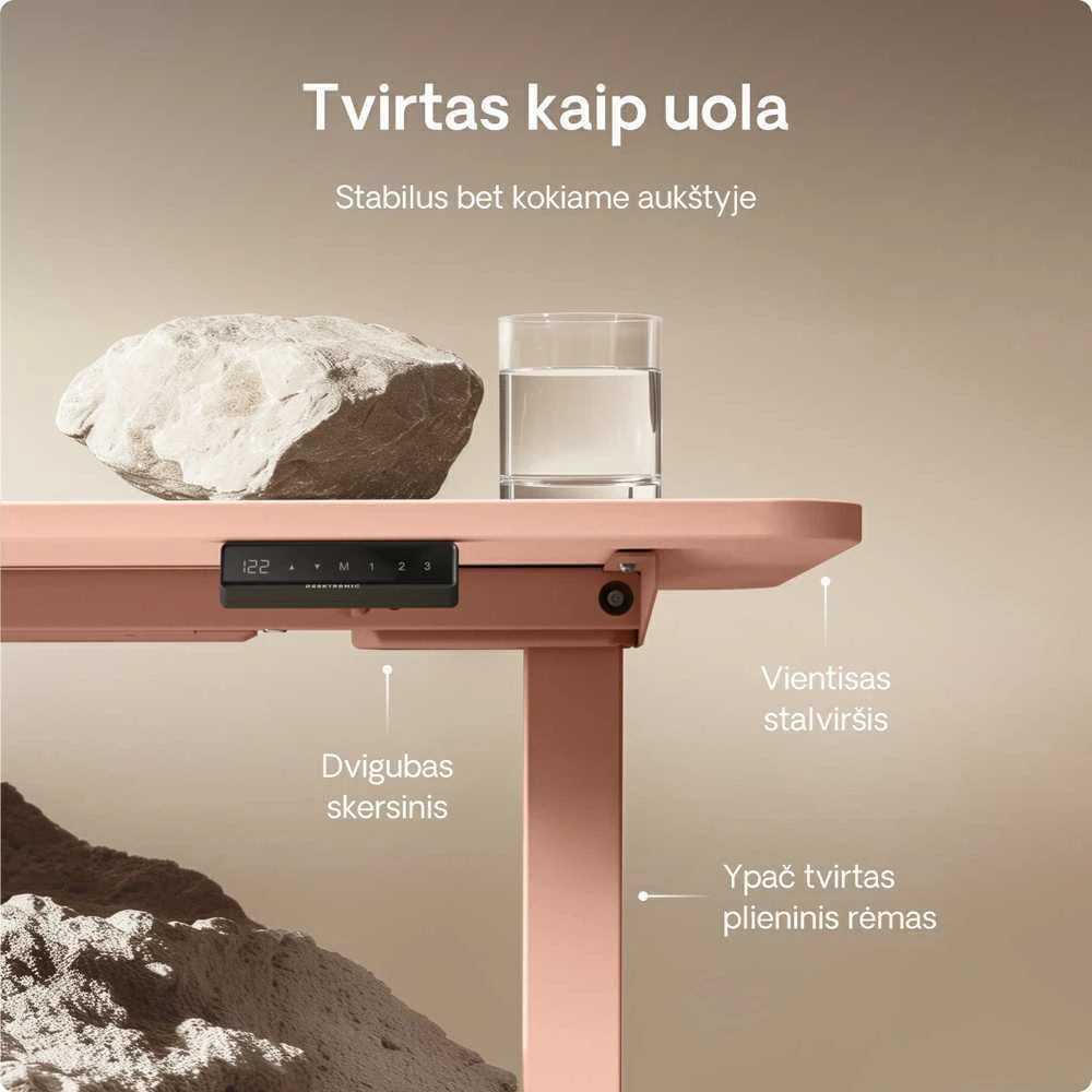 Elektrinis reguliuojamo aukščio stalas Desktronic HomeOne Rožinis/Baltas, 120x60cm, Dvigubas motoras, USB ir USB-C įkrovimo lizdai