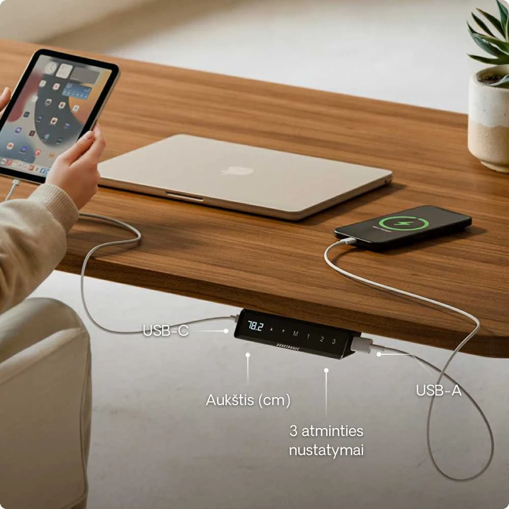 Elektrinis reguliuojamo aukščio stalas Desktronic HomeOne Baltas/Riešutmedis, 120x60cm, Dvigubas motoras, USB ir USB-C įkrovimo lizdai