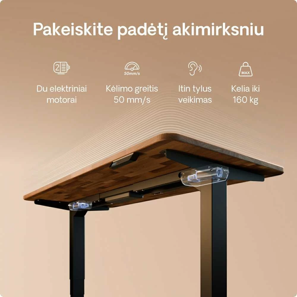 Elektrinis reguliuojamo aukščio stalas Desktronic HomePro Riešutmedžio masyvas/Juodas, 140x70cm, Dvigubas motoras, USB ir USB-C įkrovimo lizdai