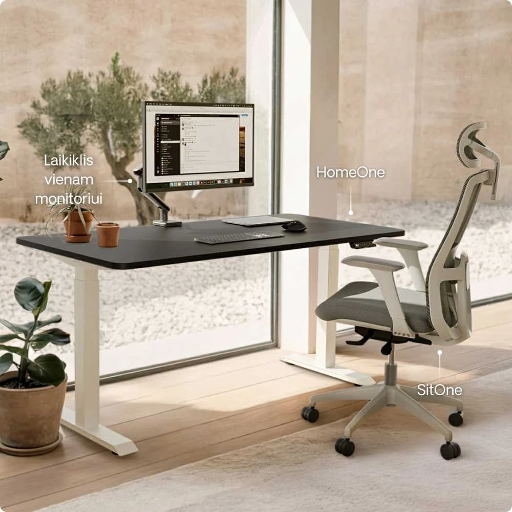 Elektrinis reguliuojamo aukščio stalas Desktronic HomeOne Baltas/Juodas, 140x70cm, Dvigubas motoras, USB ir USB-C įkrovimo lizdai