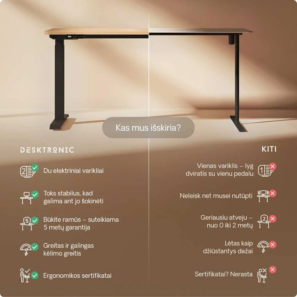 Elektrinis reguliuojamo aukščio stalas Desktronic HomeOne Juodas/Ąžuolas, 160x80cm, Dvigubas motoras, USB ir USB-C įkrovimo lizdai