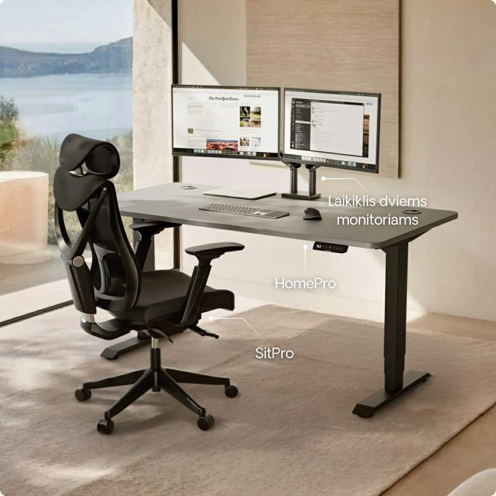 Elektrinis reguliuojamo aukščio stalas Desktronic HomePro Juodas/Pilkas, 200x80cm, Dvigubas motoras, USB ir USB-C įkrovimo lizdai
