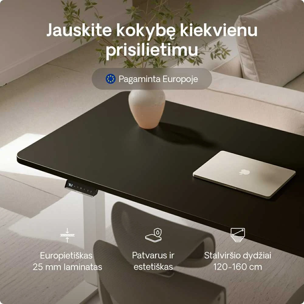 Elektrinis reguliuojamo aukščio stalas Desktronic HomeOne Baltas/Juodas, 140x70cm, Dvigubas motoras, USB ir USB-C įkrovimo lizdai
