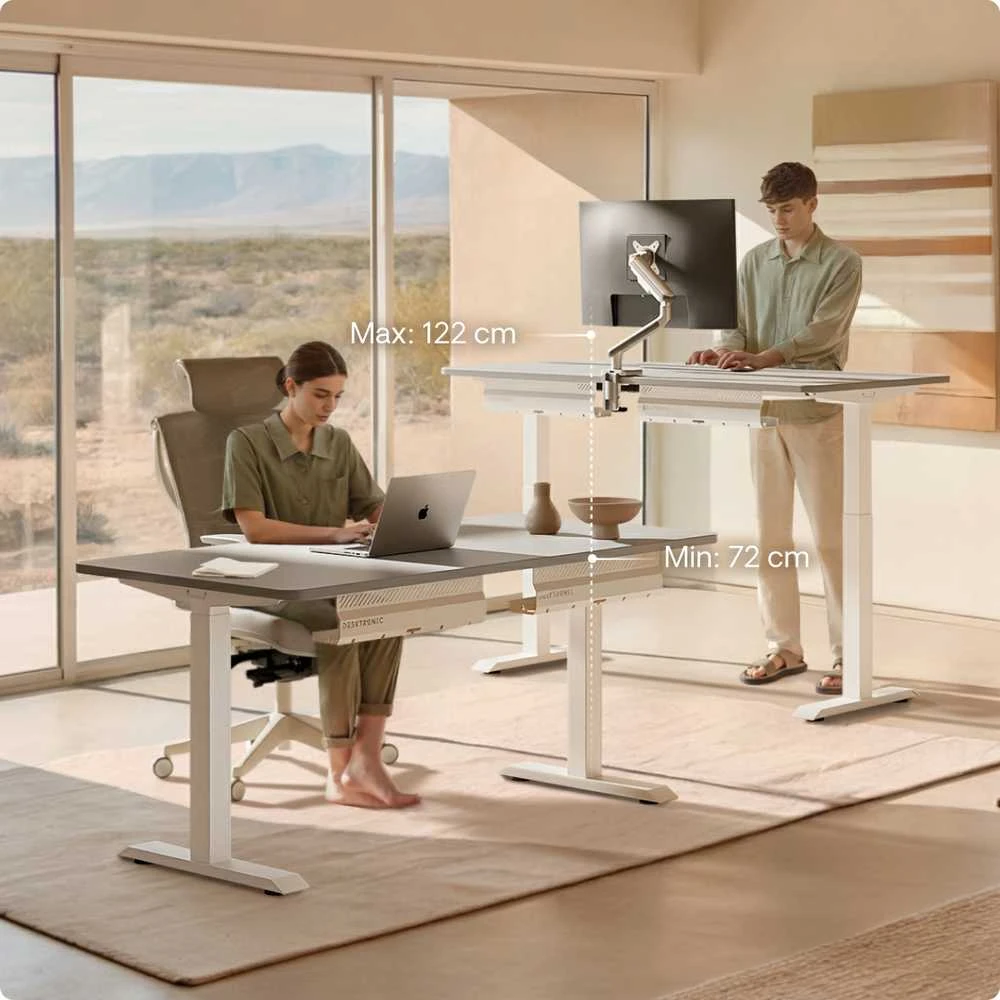 Elektrinis reguliuojamo aukščio stalas Desktronic HomeOne Baltas/Pilkas, 140x70cm, Dvigubas motoras, USB ir USB-C įkrovimo lizdai