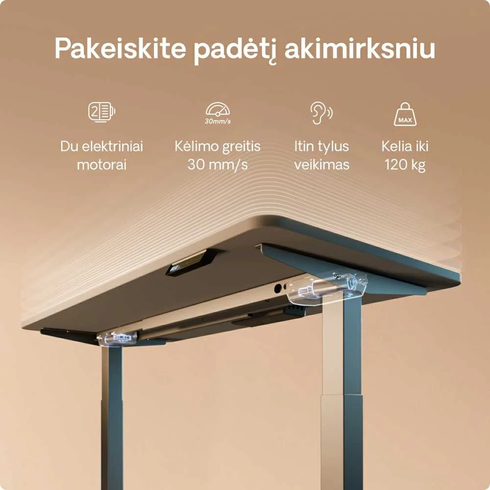 Elektrinis reguliuojamo aukščio stalas Desktronic HomeOne Pilkas/Pilkas, 140x70cm, Dvigubas motoras, USB ir USB-C įkrovimo lizdai