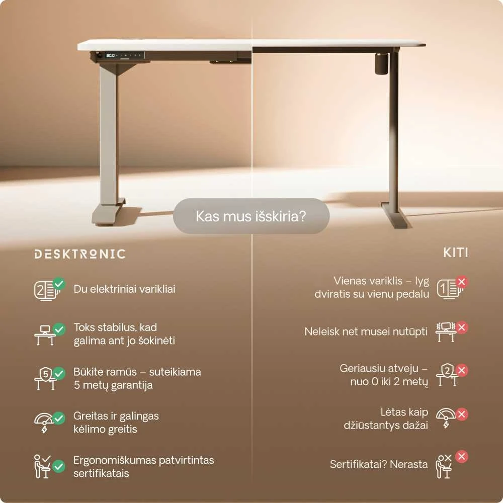 Elektrinis reguliuojamo aukščio stalas Desktronic HomePro Pilkas/Baltas, 160x80cm, Dvigubas motoras, USB ir USB-C įkrovimo lizdai