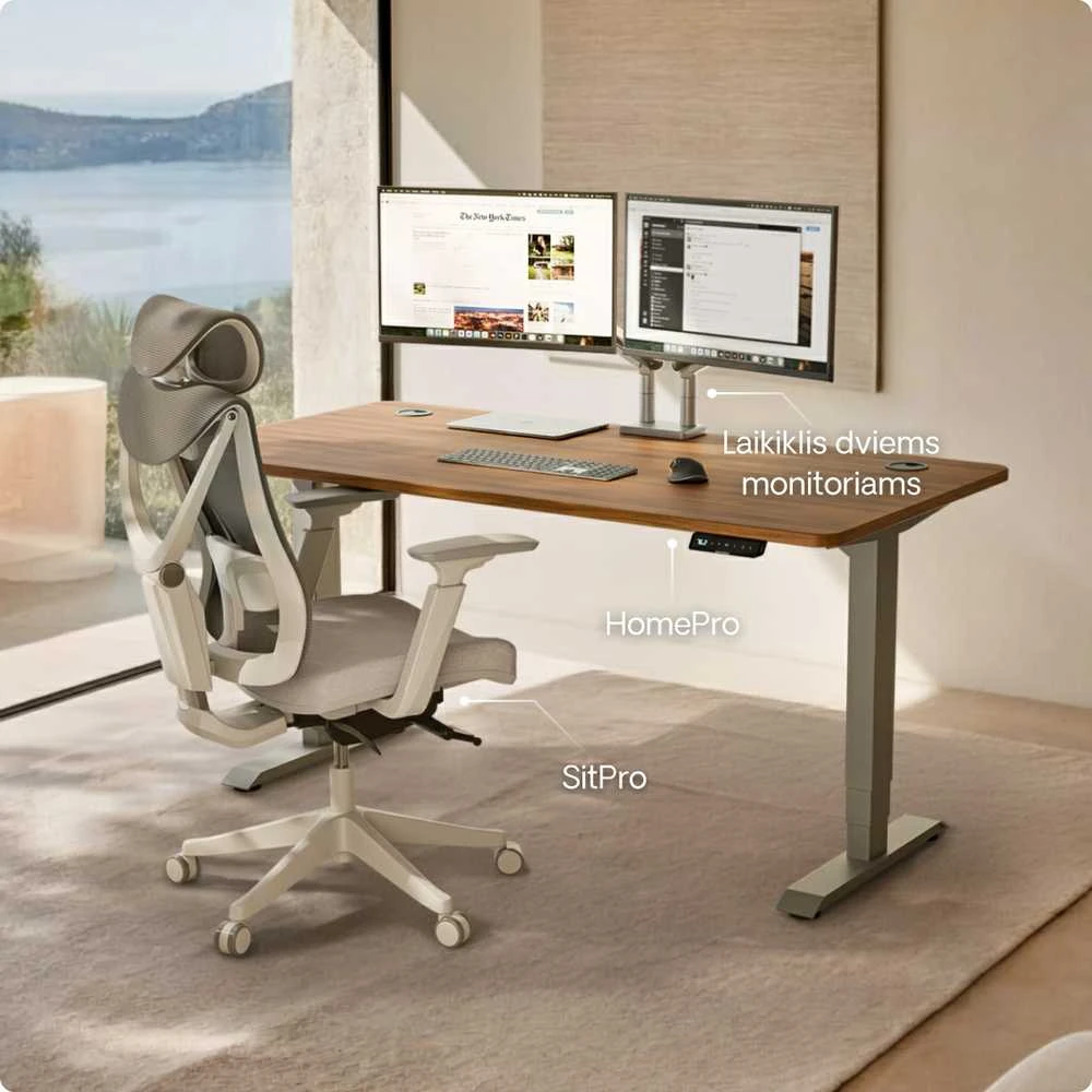 Elektrinis reguliuojamo aukščio stalas Desktronic HomePro Pilkas/Riešutmedis, 200x80cm, Dvigubas motoras, USB ir USB-C įkrovimo lizdai