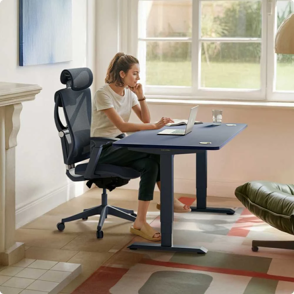 Elektrinis reguliuojamo aukščio stalas Desktronic HomePro Mėlynas/Baltas, 120x60cm, Dvigubas motoras, USB ir USB-C įkrovimo lizdai