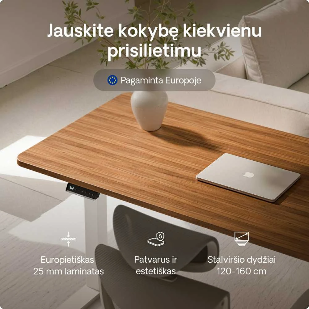 Elektrinis reguliuojamo aukščio stalas Desktronic HomeOne Baltas/Riešutmedis, 120x60cm, Dvigubas motoras, USB ir USB-C įkrovimo lizdai