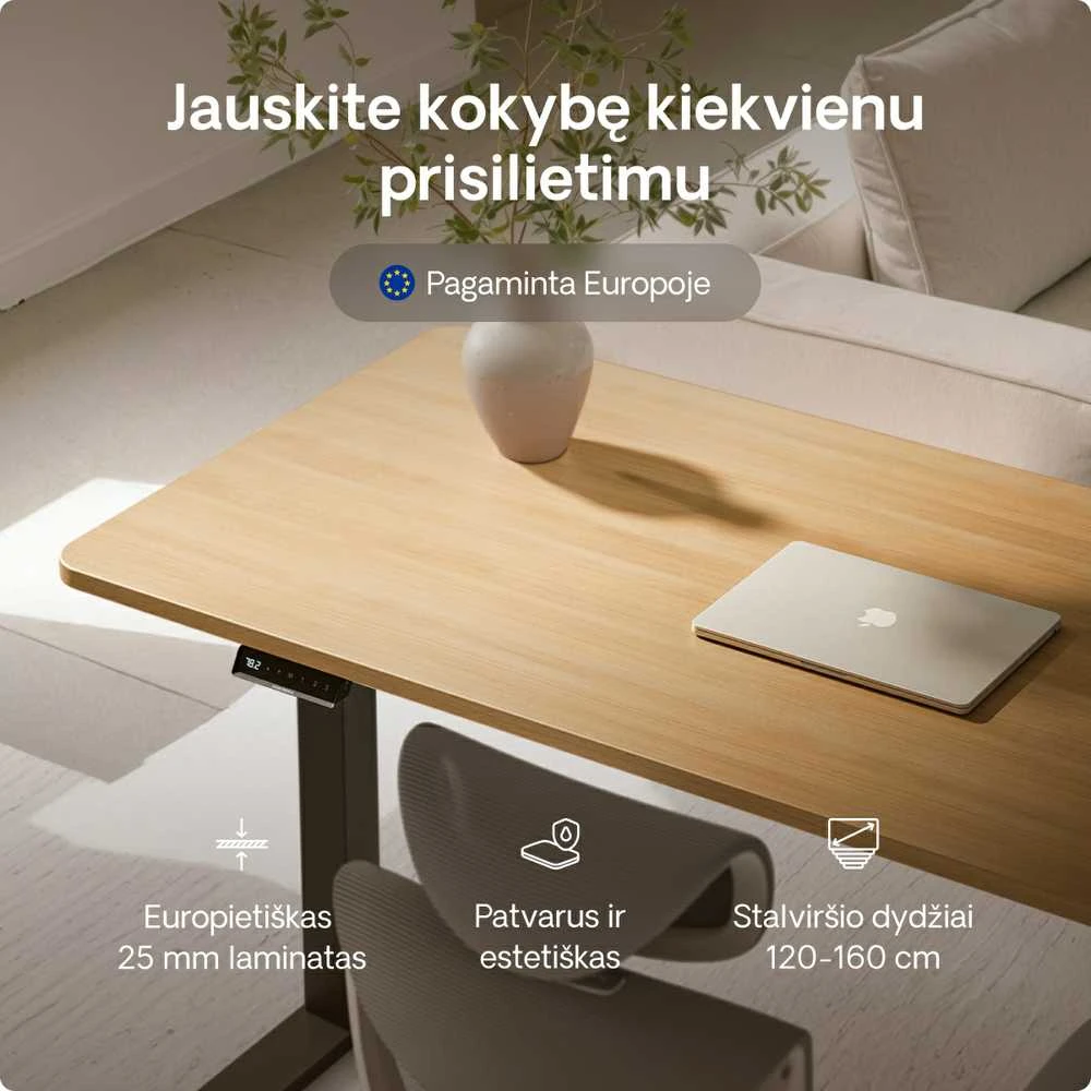Elektrinis reguliuojamo aukščio stalas Desktronic HomeOne Juodas/Ąžuolas, 160x80cm, Dvigubas motoras, USB ir USB-C įkrovimo lizdai