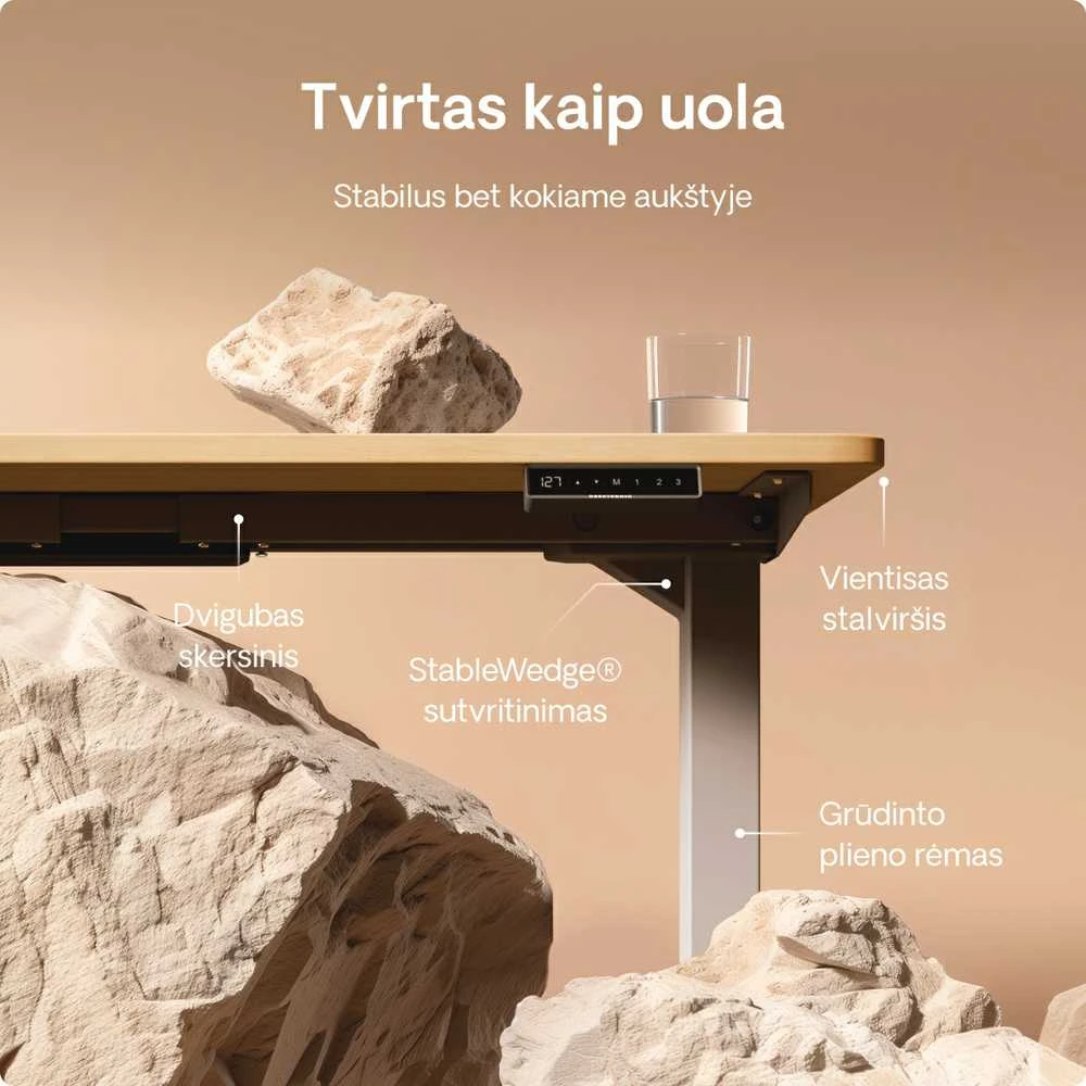 Elektrinis reguliuojamo aukščio stalas Desktronic HomePro Pilkas/Ąžuolas, 140x70cm, Dvigubas motoras, USB ir USB-C įkrovimo lizdai