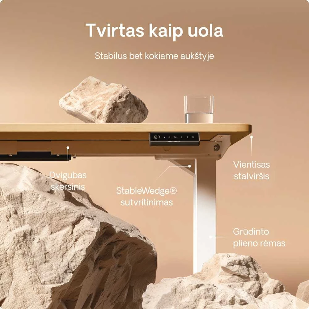 Elektrinis reguliuojamo aukščio stalas Desktronic HomePro Baltas/Ąžuolas, 200x80cm, Dvigubas motoras, USB ir USB-C įkrovimo lizdai