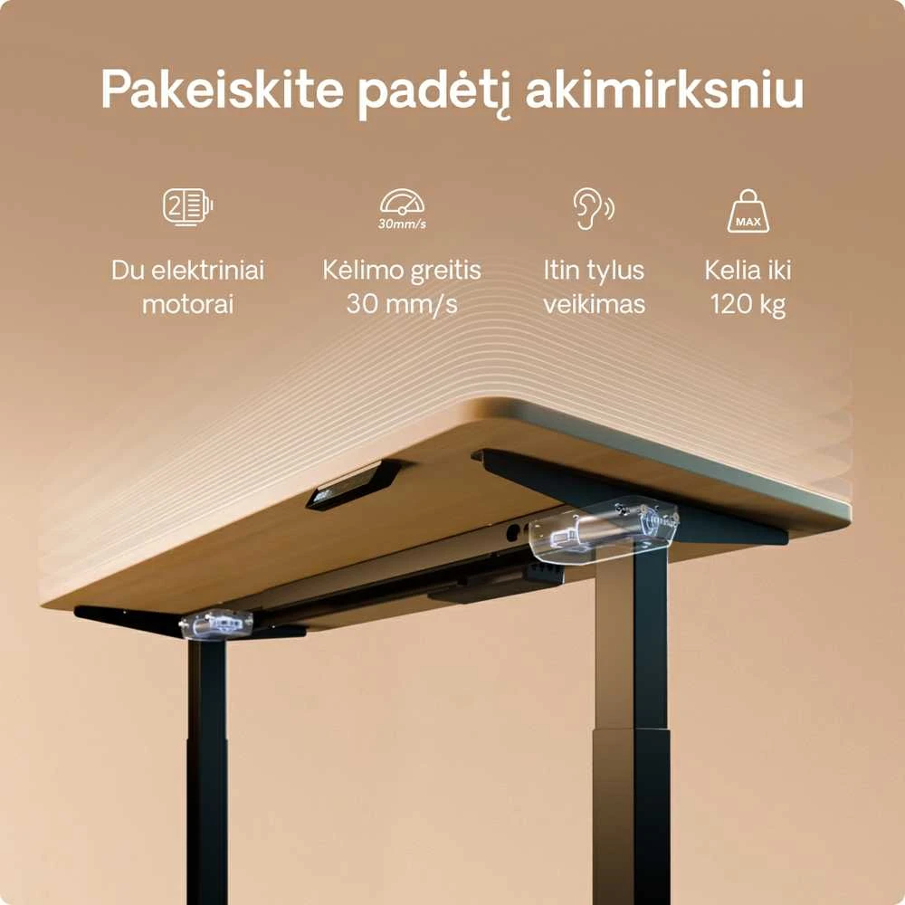 Elektrinis reguliuojamo aukščio stalas Desktronic HomeOne Juodas/Ąžuolas, 160x80cm, Dvigubas motoras, USB ir USB-C įkrovimo lizdai