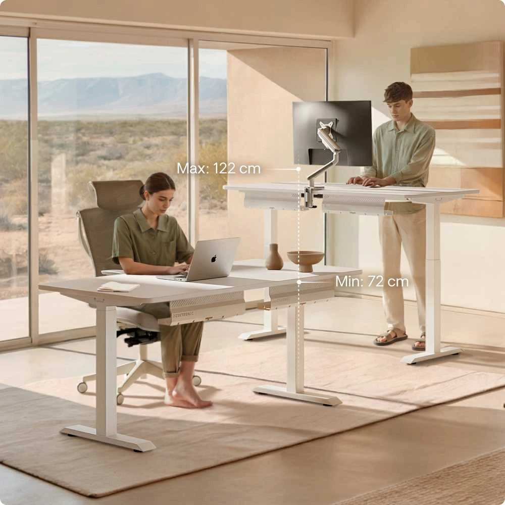 Elektrinis reguliuojamo aukščio stalas Desktronic HomeOne Baltas/Baltas, 140x70cm, Dvigubas motoras, USB ir USB-C įkrovimo lizdai
