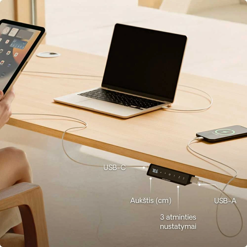 Elektrinis reguliuojamo aukščio stalas Desktronic HomePro Baltas/Ąžuolas, 200x80cm, Dvigubas motoras, USB ir USB-C įkrovimo lizdai