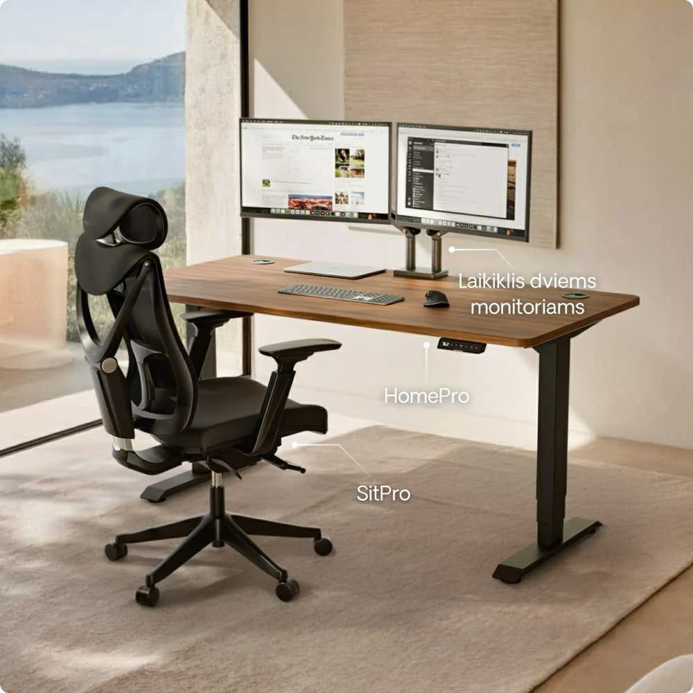 Elektrinis reguliuojamo aukščio stalas Desktronic HomePro Juodas/Riešutmedis, 160x80cm, Dvigubas motoras, USB ir USB-C įkrovimo lizdai