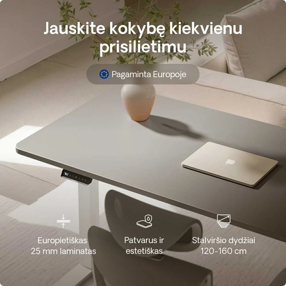 Elektrinis reguliuojamo aukščio stalas Desktronic HomeOne Baltas/Pilkas, 140x70cm, Dvigubas motoras, USB ir USB-C įkrovimo lizdai