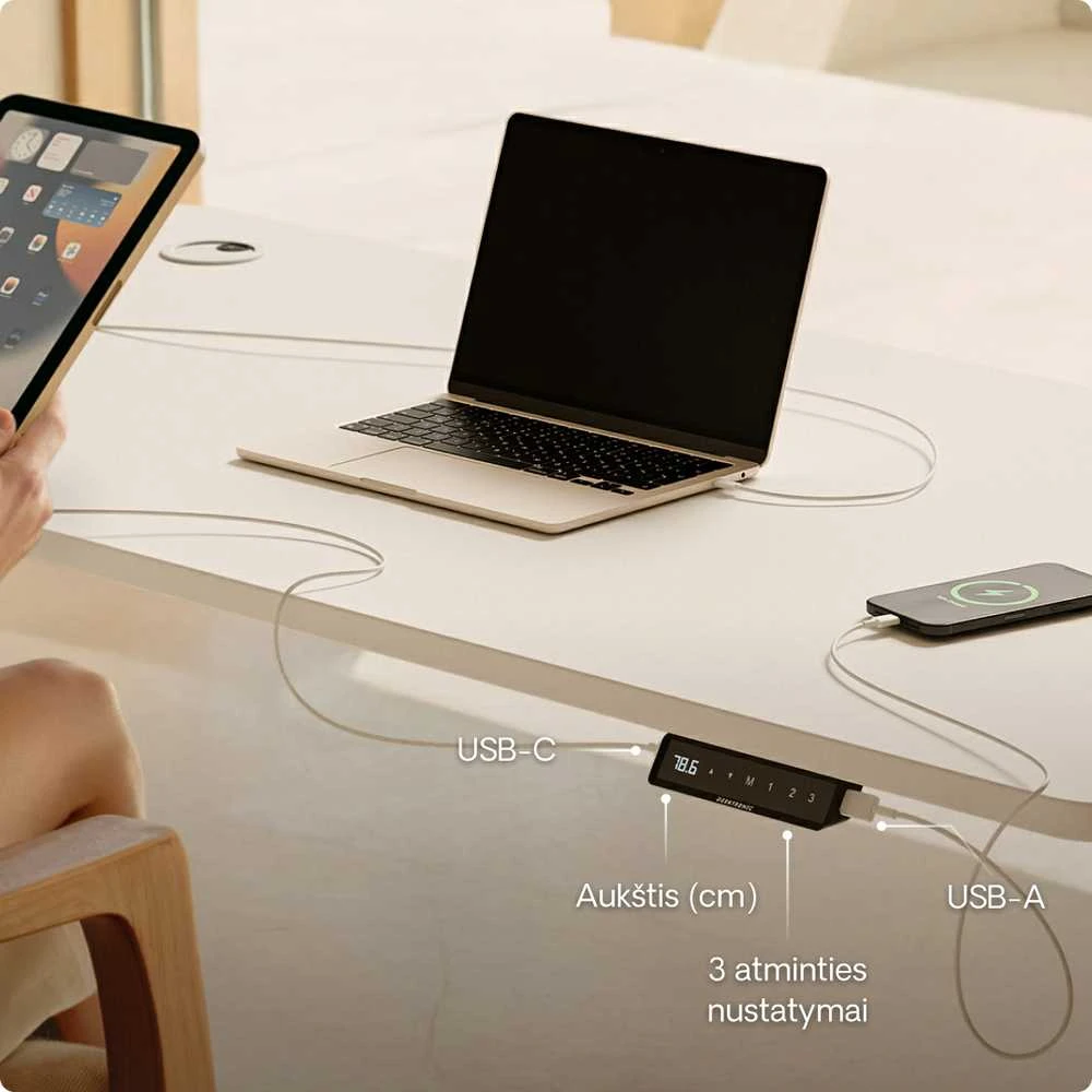 Elektrinis reguliuojamo aukščio stalas Desktronic HomePro Baltas/Baltas, 120x60cm, Dvigubas motoras, USB ir USB-C įkrovimo lizdai