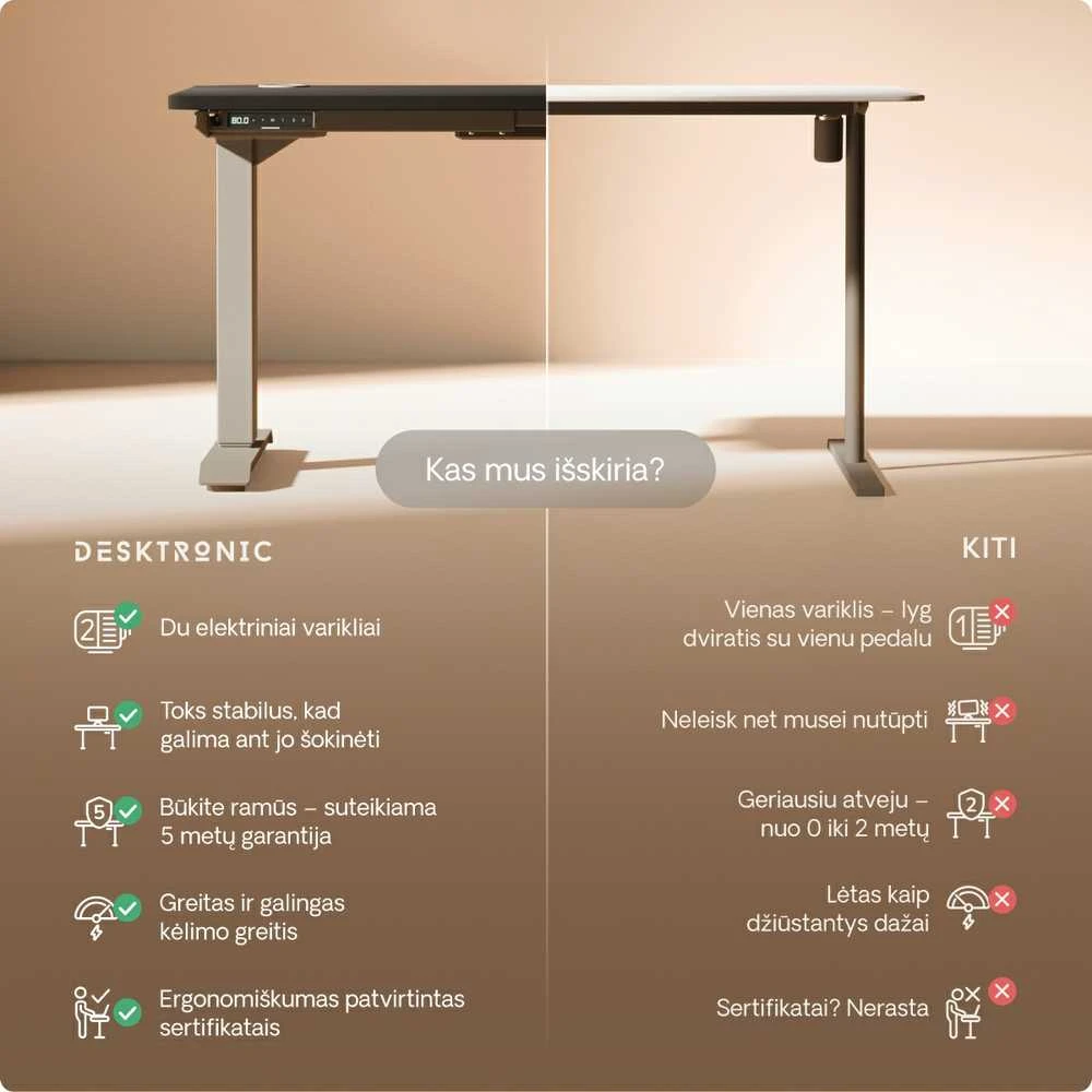 Elektrinis reguliuojamo aukščio stalas Desktronic HomePro Pilkas/Juodas, 140x70cm, Dvigubas motoras, USB ir USB-C įkrovimo lizdai