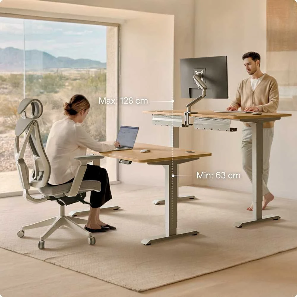 Elektrinis reguliuojamo aukščio stalas Desktronic HomePro Pilkas/Ąžuolas, 140x70cm, Dvigubas motoras, USB ir USB-C įkrovimo lizdai