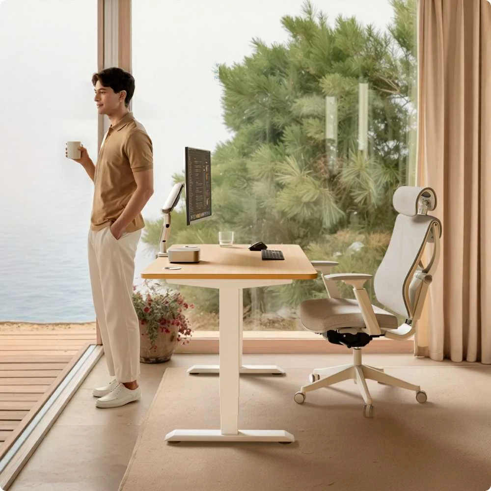 Elektrinis reguliuojamo aukščio stalas Desktronic HomePro Baltas/Ąžuolas, 200x80cm, Dvigubas motoras, USB ir USB-C įkrovimo lizdai