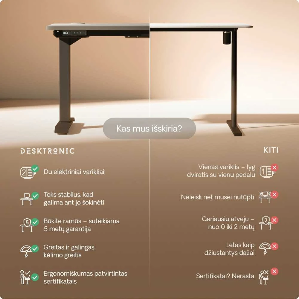 Elektrinis reguliuojamo aukščio stalas Desktronic HomePro Juodas/Pilkas, 200x80cm, Dvigubas motoras, USB ir USB-C įkrovimo lizdai
