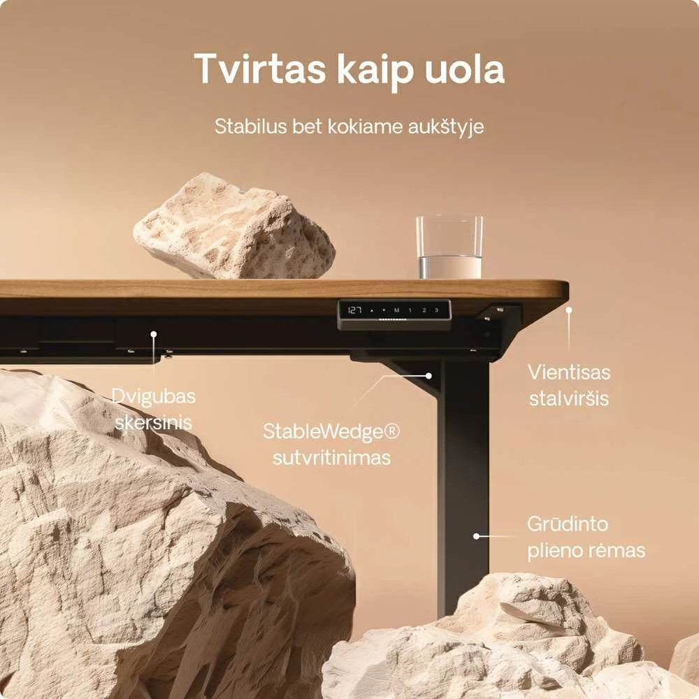 Elektrinis reguliuojamo aukščio stalas Desktronic HomePro Juodas/Riešutmedis, 160x80cm, Dvigubas motoras, USB ir USB-C įkrovimo lizdai