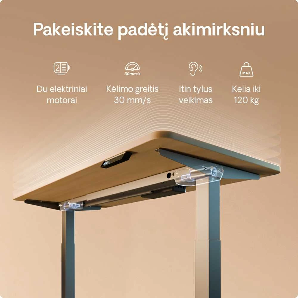 Elektrinis reguliuojamo aukščio stalas Desktronic HomeOne Pilkas/Ąžuolas, 120x60cm, Dvigubas motoras, USB ir USB-C įkrovimo lizdai