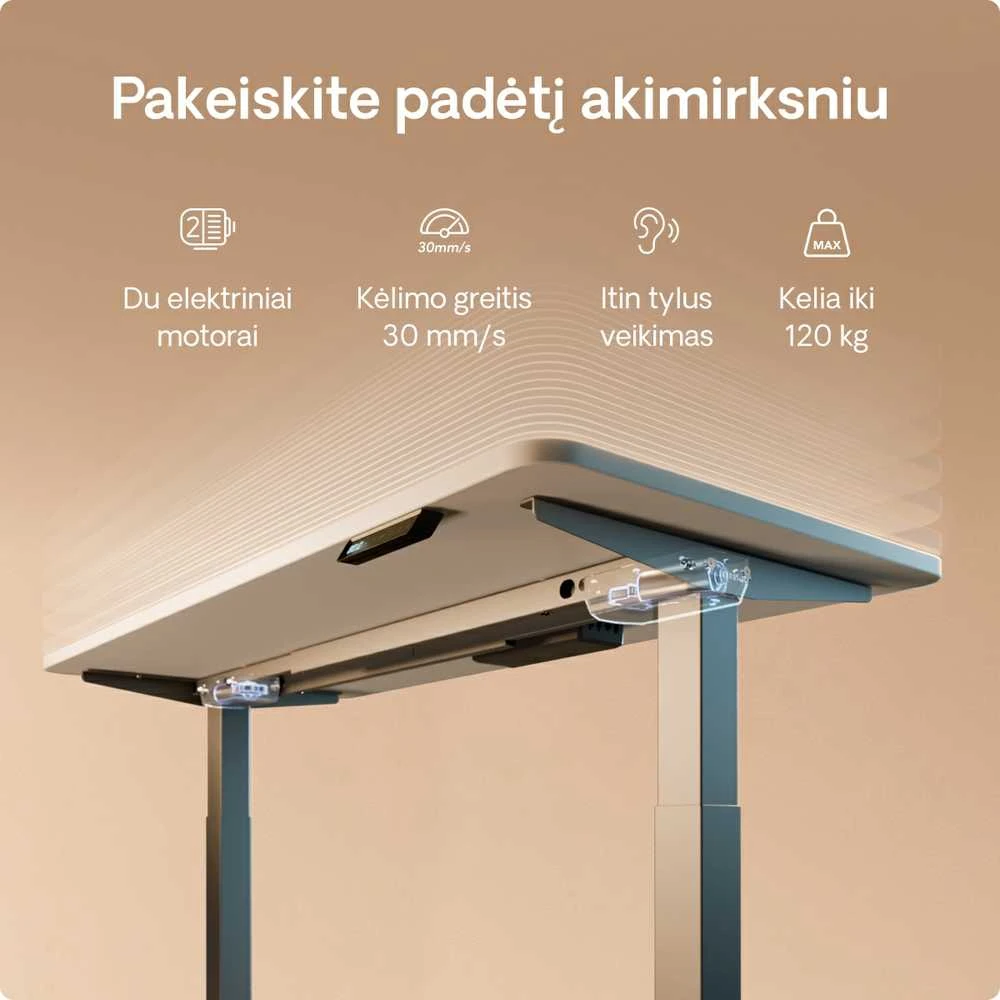 Elektrinis reguliuojamo aukščio stalas Desktronic HomeOne Pilkas/Baltas, 140x70cm, Dvigubas motoras, USB ir USB-C įkrovimo lizdai