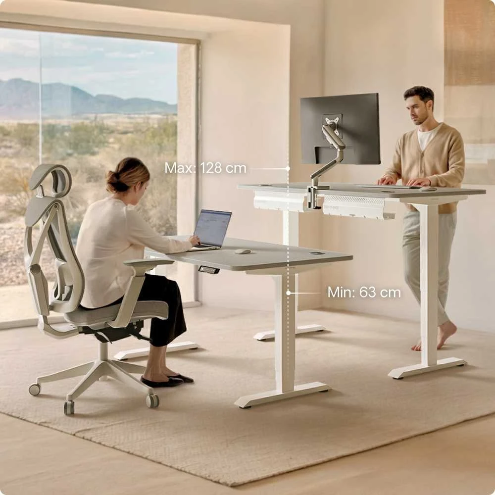 Elektrinis reguliuojamo aukščio stalas Desktronic HomePro Baltas/Pilkas, 200x80cm, Dvigubas motoras, USB ir USB-C įkrovimo lizdai
