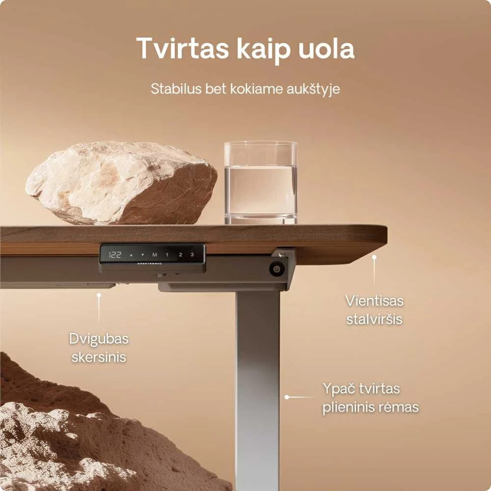 Elektrinis reguliuojamo aukščio stalas Desktronic HomeOne Pilkas/Riešutmedis, 140x70cm, Dvigubas motoras, USB ir USB-C įkrovimo lizdai