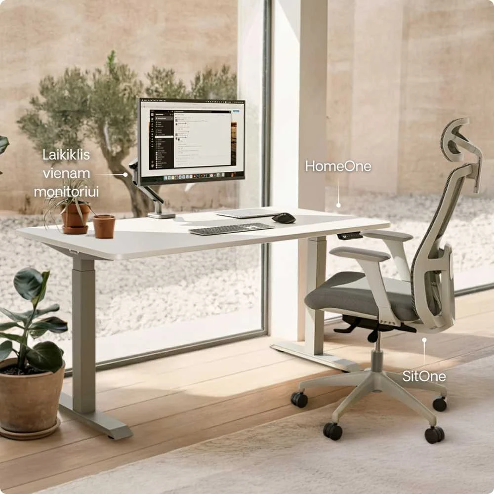 Elektrinis reguliuojamo aukščio stalas Desktronic HomeOne Pilkas/Baltas, 140x70cm, Dvigubas motoras, USB ir USB-C įkrovimo lizdai