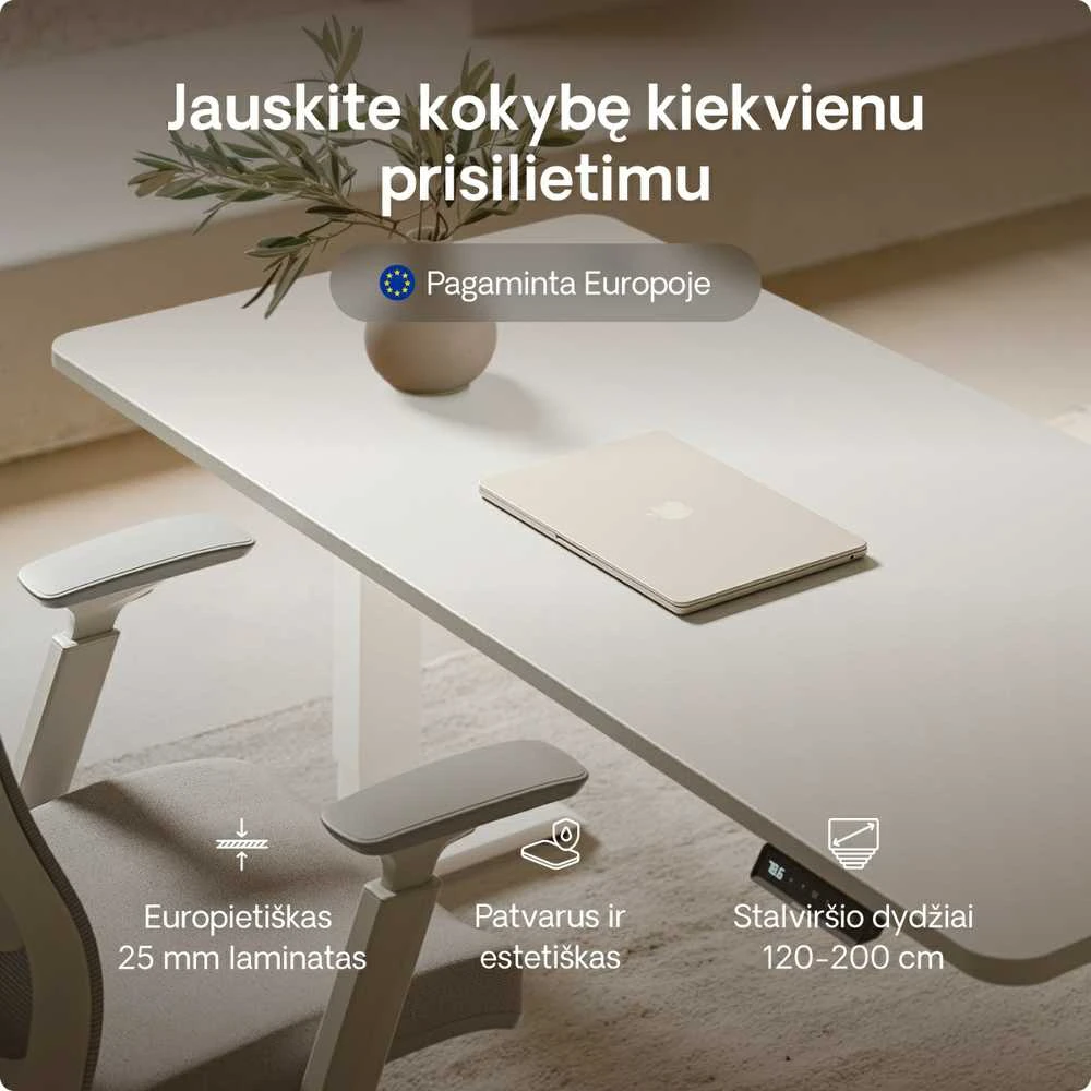 Elektrinis reguliuojamo aukščio stalas Desktronic HomePro Baltas/Baltas, 120x60cm, Dvigubas motoras, USB ir USB-C įkrovimo lizdai