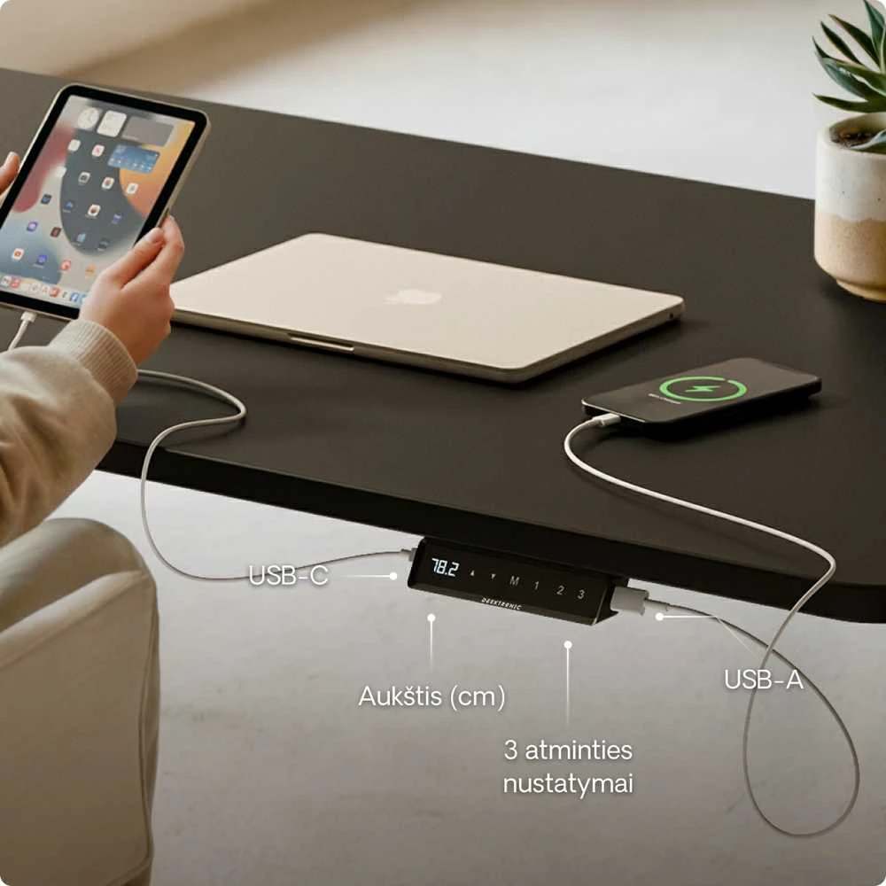 Elektrinis reguliuojamo aukščio stalas Desktronic HomeOne Baltas/Juodas, 140x70cm, Dvigubas motoras, USB ir USB-C įkrovimo lizdai