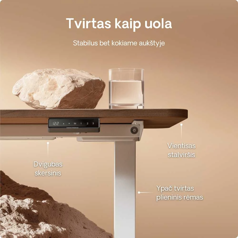 Elektrinis reguliuojamo aukščio stalas Desktronic HomeOne Baltas/Riešutmedis, 120x60cm, Dvigubas motoras, USB ir USB-C įkrovimo lizdai