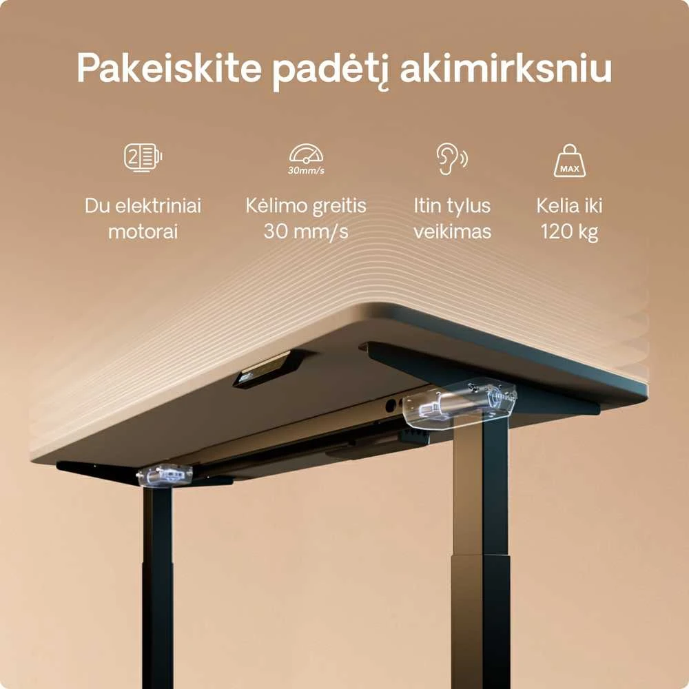 Elektrinis reguliuojamo aukščio stalas Desktronic HomeOne Juodas/Pilkas, 120x60cm, Dvigubas motoras, USB ir USB-C įkrovimo lizdai