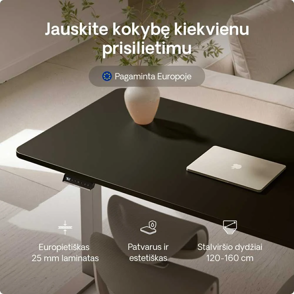 Elektrinis reguliuojamo aukščio stalas Desktronic HomeOne Pilkas/Juodas, 160x80cm, Dvigubas motoras, USB ir USB-C įkrovimo lizdai