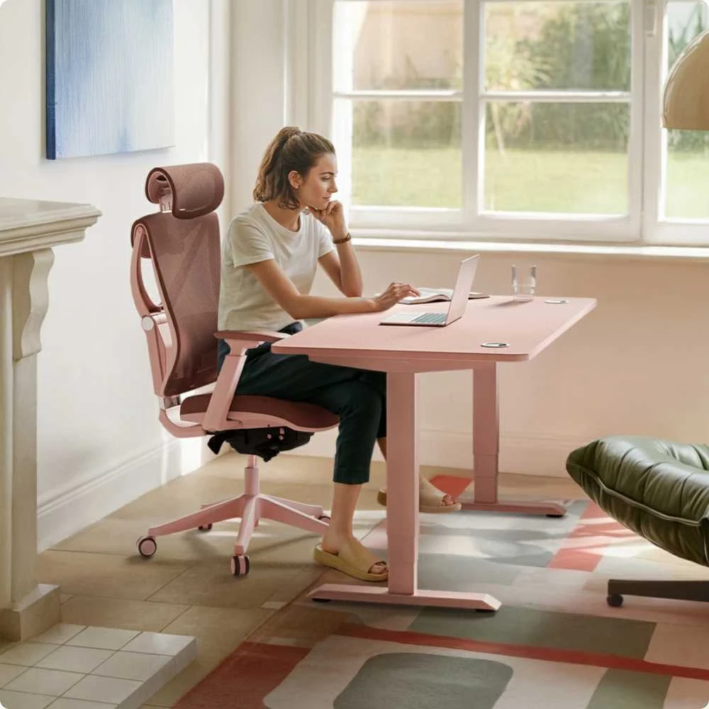Elektrinis reguliuojamo aukščio stalas Desktronic HomePro Baltas/Rožinis, 180x80cm, Dvigubas motoras, USB ir USB-C įkrovimo lizdai