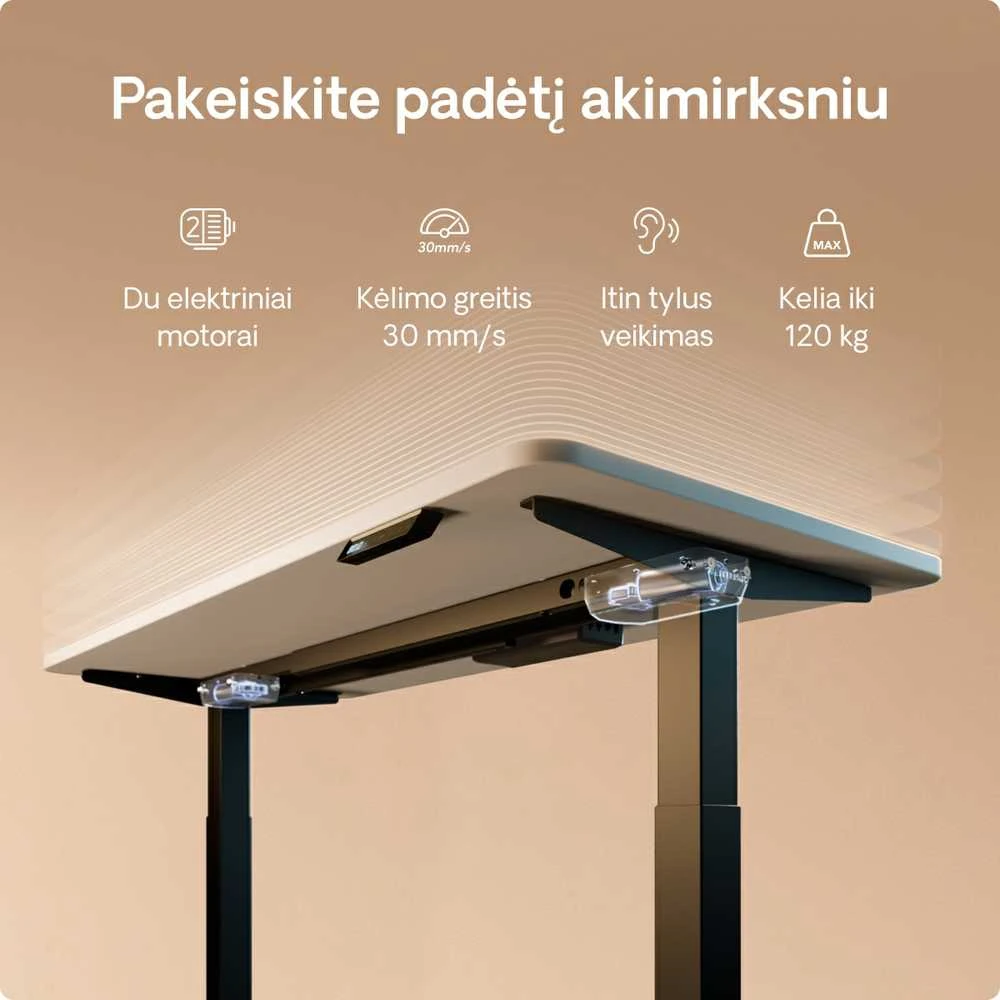 Elektrinis reguliuojamo aukščio stalas Desktronic HomeOne Juodas/Baltas, 140x70cm, Dvigubas motoras, USB ir USB-C įkrovimo lizdai