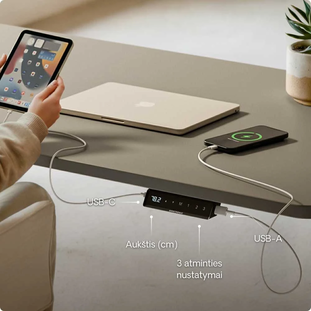Elektrinis reguliuojamo aukščio stalas Desktronic HomeOne Baltas/Pilkas, 140x70cm, Dvigubas motoras, USB ir USB-C įkrovimo lizdai