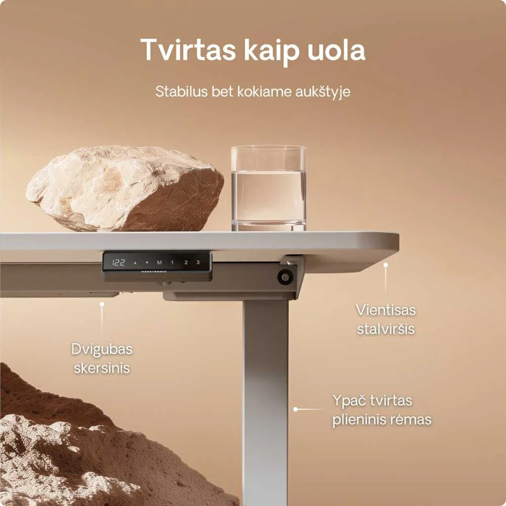 Elektrinis reguliuojamo aukščio stalas Desktronic HomeOne Pilkas/Baltas, 140x70cm, Dvigubas motoras, USB ir USB-C įkrovimo lizdai